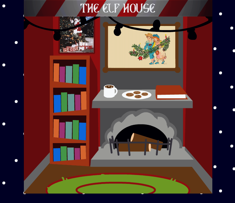 A house with a fireplace, bookshelf, and hot cocoa with cookies.