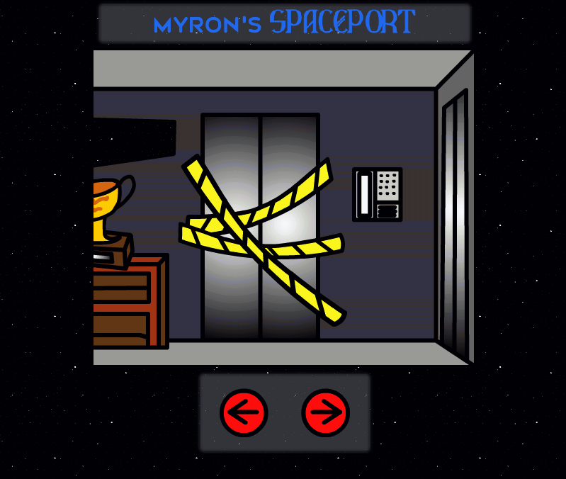 A hallway with a taped up door.