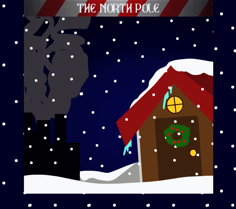 An outside view of The North Pole, with a nearby elf house and workshop in the distance.
